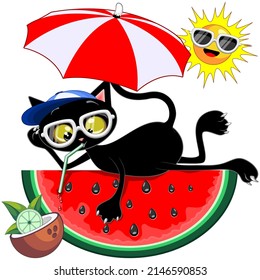 Funny Cat Cartoon Character on a big watermelon slice and drinking the juicy juice, summer time relax vector illustration isolated on white. Art Copyright BluedarkArt TheChameleonArt. 
