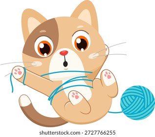 Personagem engraçado do desenho animado do gato emaranhado na bola do fio - design plano da ilustração do vetor isolado no fundo transparente