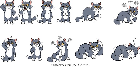 Conjunto de expresión de personajes de dibujos animados de gatos divertidos. perezoso, gato enojado, sonrisa, dormido, dormido .	