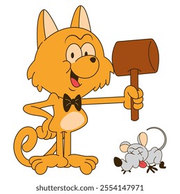 funny Cat cartoon characters wearing bowties and catching a mouse with hammers. Best for sticker, logo, and mascot with pest control themes