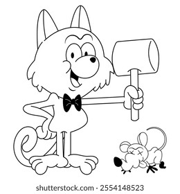 funny Cat cartoon characters wearing bowties and catching a mouse with hammers. Best for outline, logo, and coloring book with pest control themes