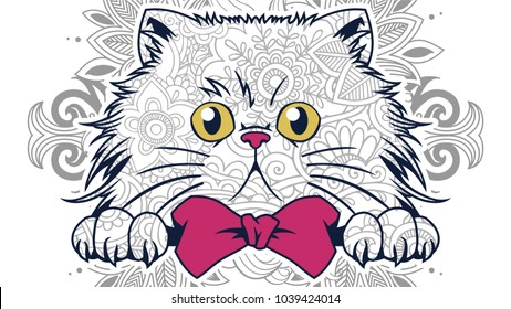 funny cat cartoon illustration in zentangle stylized with floral background