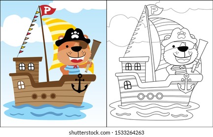 Funny cat cartoon in pirate costume on sailboat in the sea, coloring book or page