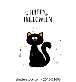 Funny cat in a cartoon style. The Halloween holiday. The silhouette of an animal on a white isolated background