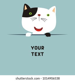 Funny cat in cartoon style looks out from behind field for your text. Template for card, invitation or greeting.
