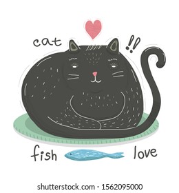 Funny cat in cartoon style sits and looks at fish. Picture of a funny and fat black cat isolated on a white background. Vector stock illustration in cartoon style for web design and print on t-shirts