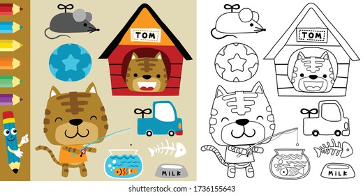 funny cat cartoon with its toys, pet elements vector illustration, coloring book or page