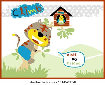 Funny cat cartoon vector climb a tree to visit his friend on tree, a hen laying eggs on tree