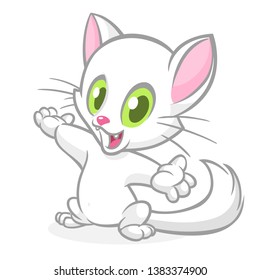 Funny cat cartoon waving with funny exciting expression. Vector illustration
