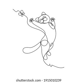 Funny cat catching a flying butterfly in a jump. Vector illustration, continuous line, one line drawing, minimalism. Postcard, poster, print for clothes, post for social networks
