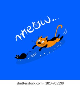 Funny cat is catching littlle mouse, scared mouse is running away, cartoon characters, vector illustration with letters