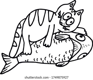 Funny cat caught a big fish. The fat cat is happy about the huge fish. Funny picture with a cat.