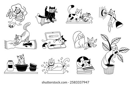 Funny cat character. Cute fluffy kittens in different cat poses, cheerful domestic pet sketch with positive emotions, outline doodle feline mascot. Vector isolated kitten set.