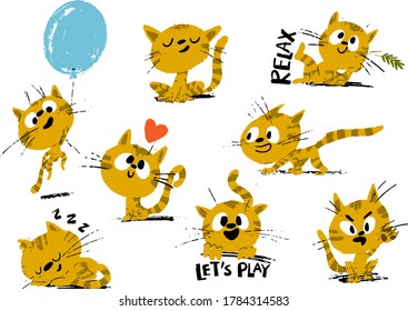 Funny cat character emotioal icons vector collection. Funny kitten stickers set.