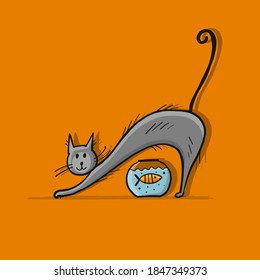 Funny cat character with fish, sketch for your design. Vector illustration