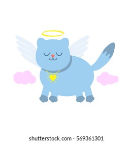 Funny cat character in the form of an angel. flat vector illustration isolate on a white background