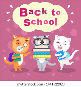 Funny Cat Character going to school whith books. Back to school set. Cartoon characters isolated on pink background. Childish vector illustration.