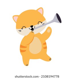 Funny Cat Character Playing Trumpet Performing Concert Vector Illustration