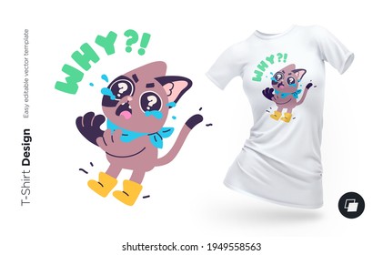 Funny cat character. Print for clothes, posters or souvenirs. Vector illustration