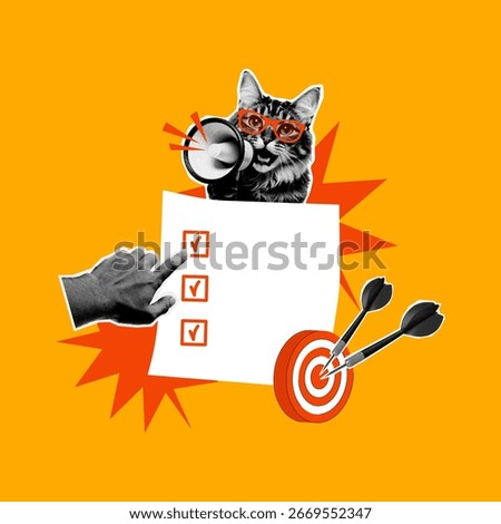 Funny cat checklist concept with megaphone and target, retro collage for productivity and motivation