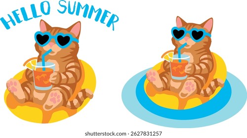 funny cat chilling on a pool inflatable, isolated on white background. It's perfect for summer promos, summer cards, pet shops and much more
