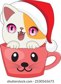 Funny cat in a Christmas hat peeking out of a mug vector
