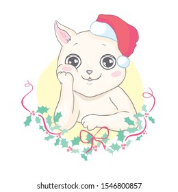 Funny cat in a Christmas hat and scarf. Vector illustration for card or poster, print on clothes. New Year's and Christmas.