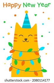 Funny cat with christmas light. Happy new year greeting card. Cute tiger cat in party hat and light bulbs. New Year's pet entangled in garlands. Hand-drawn vector illustration in flat cartoon style.