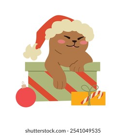 Funny Cat with Christmas Present. Cute Funny Feline Character. Hand Drawn Vector Illustration.