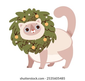 Funny cat in a Christmas wreath. Festive pet decorated with a garland. Flat illustration.