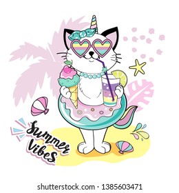 Funny cat with a circle of flamingos and the inscription Summer vibes