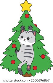 Funny cat climbing christmas tree vector illustration