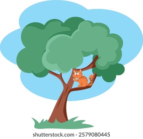 
Funny Cat Climbing a Tree Vector Cartoon Illustration. Adventurous kitty being playful outdoors in nature 