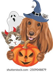 Divertido gato y Cocker Spaniel perro con accesorios de lujo de Halloween. Vector