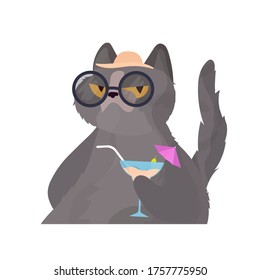 Funny cat with a cocktail. Cat in glasses and a hat. Good for stickers, cards and t-shirts. Isolated. Vector.