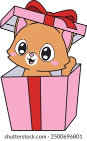 Funny cat coming out of birthday present vector illustration