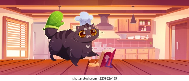 Graciosa cocina de gato en el interior de la cocina. Cute kitten personaje de caricatura usa chef toque y guante textil en un puesto de cola en una mesa de madera leer libro de recetas con masa pegajosa en la pezuña, ilustración vectorial