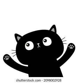 Funny cat in the corner waving hand. Paw print. Cute cartoon kawaii face character. Black silhouette. Pet baby collection. Notebook cover. Flat design. Scandinavian style. White background. Vector