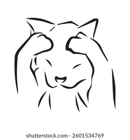 Funny cat, covers his face with his paws. Vector illustration. Lineart.