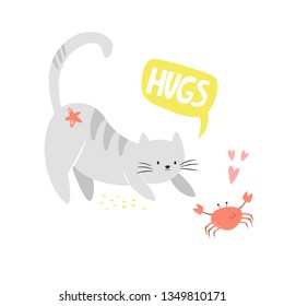 Funny cat and crab friends. Friendship concept. Funny illustration with lettering text. Isolated scandinavian cartoon