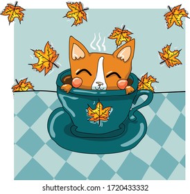 Funny cat in cup with autumn leaves