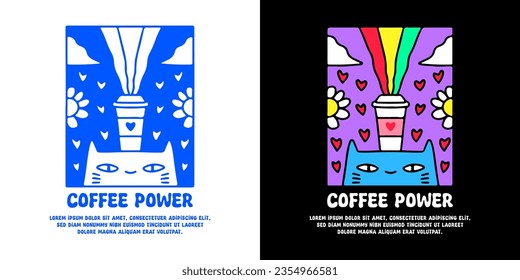 Funny cat and cup of coffee with coffee power typography, illustration for logo, t-shirt, sticker, or apparel merchandise. With doodle, retro, groovy, and cartoon style.