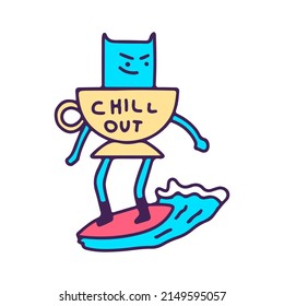 Funny cat in cup of coffee surfing, illustration for t-shirt, street wear, sticker, or apparel merchandise. With doodle, retro, and cartoon style.
