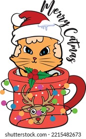 Funny Cat In A Cup, Merry Catmas Svg, Christmas Vector