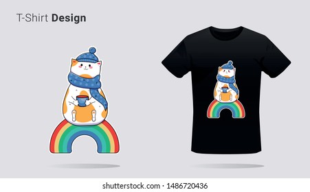 Funny cat  with cup and rainbow . Print on T-shirts, sweatshirts, cases for mobile phones, souvenirs. Vector illustration