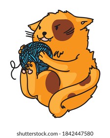 Funny cat. Cute funny cat cub playing catching clew in paw vector illustration. Playful kitten sitting with yarn thread isolated on white background.