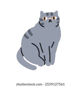 Funny cat. Cute feline animal sitting and looking aside, staring watching with shocked expression, comic curious emotion. Adorable kitty. Flat vector illustration isolated on white background