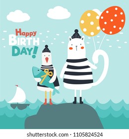 Funny cat and cute seagull with fish and balloons. Happy birthday vector illustration