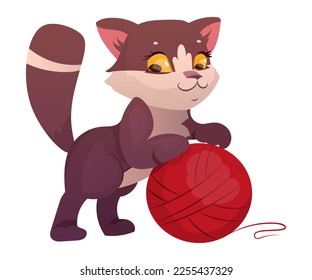 Funny Cat with Cute Snout as Domestic Pet Playing with Yarn Ball Vector Illustration