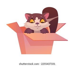 Funny Cat with Cute Snout as Domestic Pet Sitting in Cardboard Box Vector Illustration